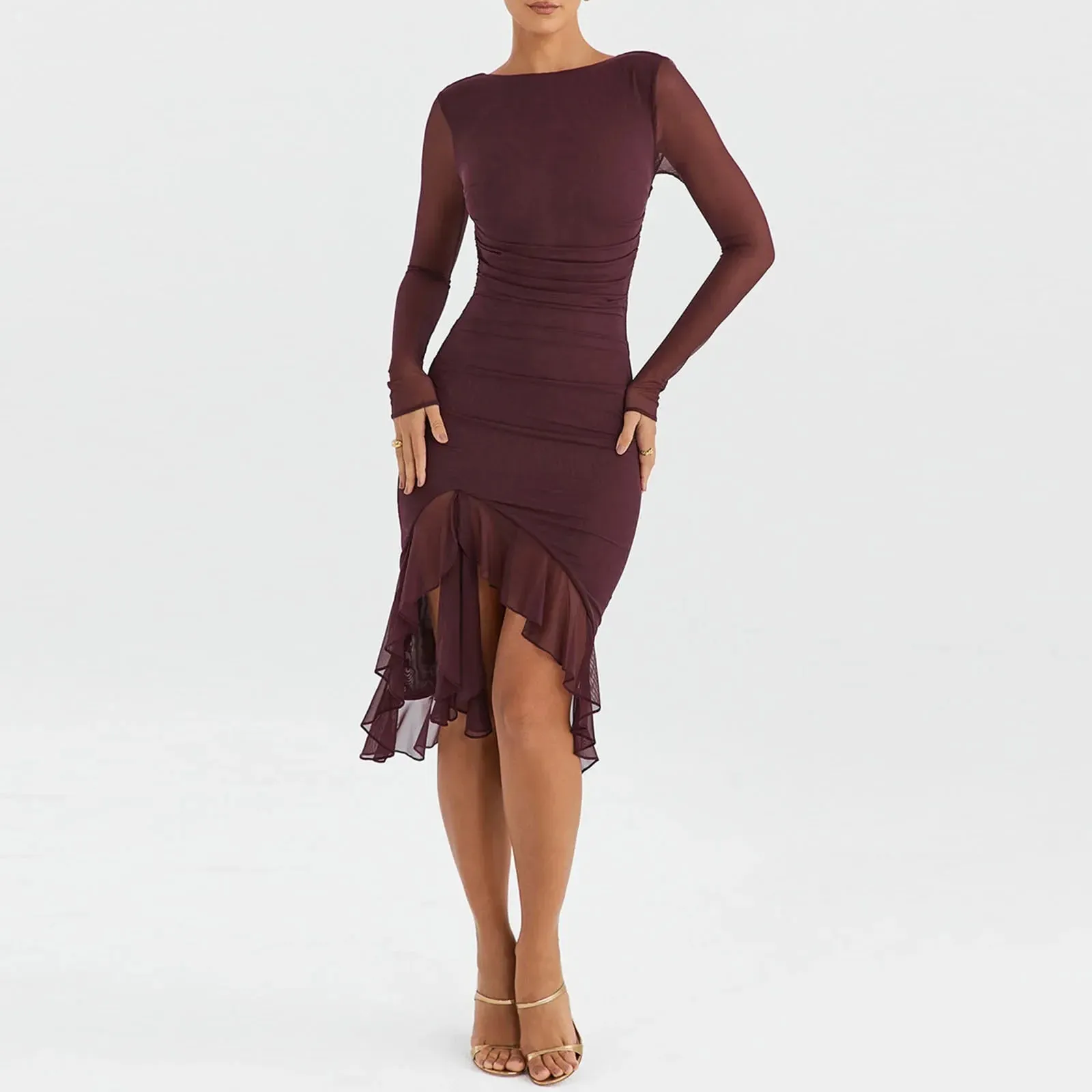 Women Hem Mermaid Bodycon Mesh Long Sleeve Tail Spring Fall Cocktail Elegant Vestidos Midi Dress