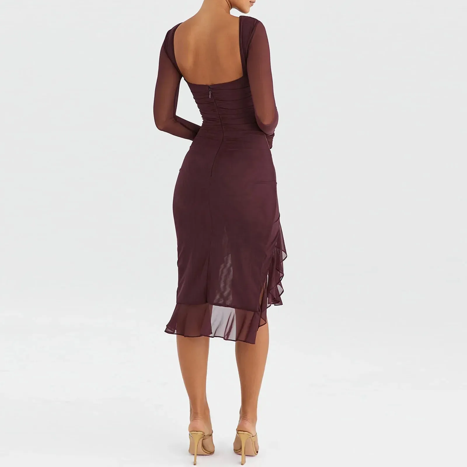 Women Hem Mermaid Bodycon Mesh Long Sleeve Tail Spring Fall Cocktail Elegant Vestidos Midi Dress