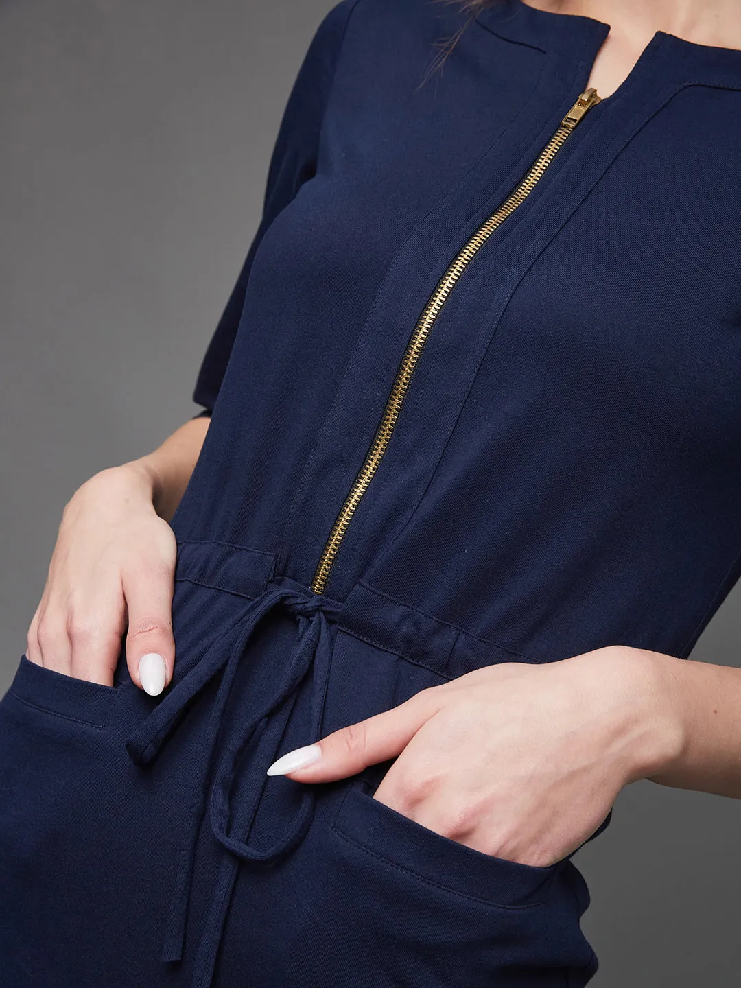 Women's Navy Blue Relaxed Fit  Mini  Polycotton Dress