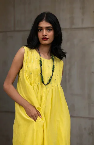 Yellow Sleeveless Cotton Silk Dress