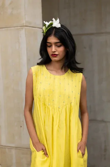 Yellow Sleeveless Cotton Silk Dress