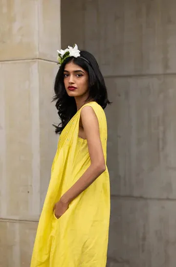 Yellow Sleeveless Cotton Silk Dress
