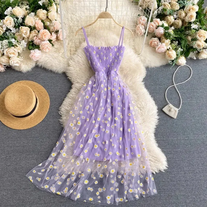 YuooMuoo Women Dress New Korean Fashion Floral Print Spaghetti Straps Mesh Party Dress Vacation Style Lady Beach Vestidos