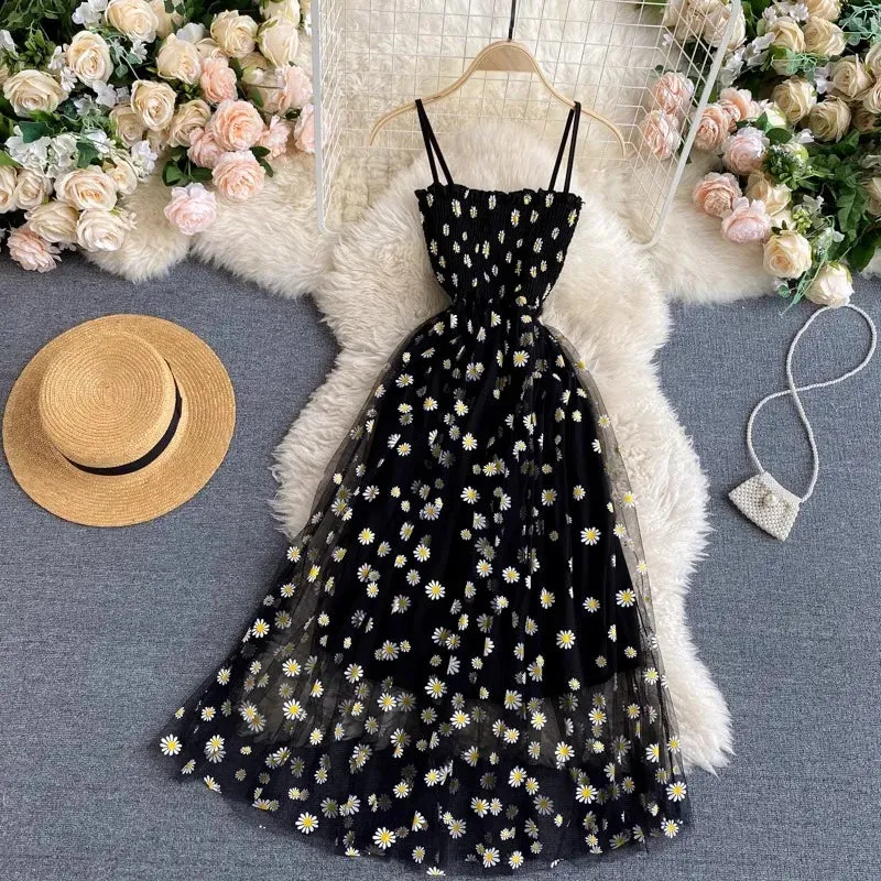 YuooMuoo Women Dress New Korean Fashion Floral Print Spaghetti Straps Mesh Party Dress Vacation Style Lady Beach Vestidos