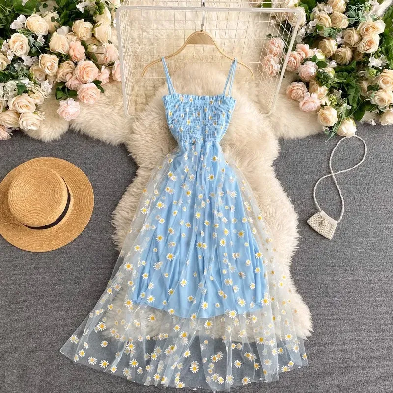 YuooMuoo Women Dress New Korean Fashion Floral Print Spaghetti Straps Mesh Party Dress Vacation Style Lady Beach Vestidos