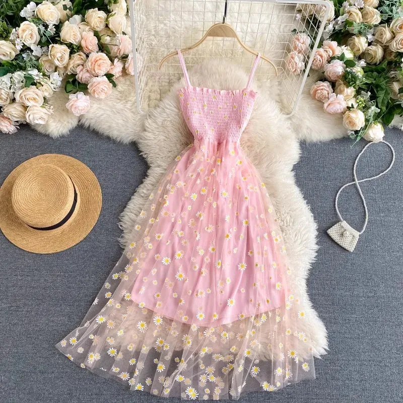 YuooMuoo Women Dress New Korean Fashion Floral Print Spaghetti Straps Mesh Party Dress Vacation Style Lady Beach Vestidos